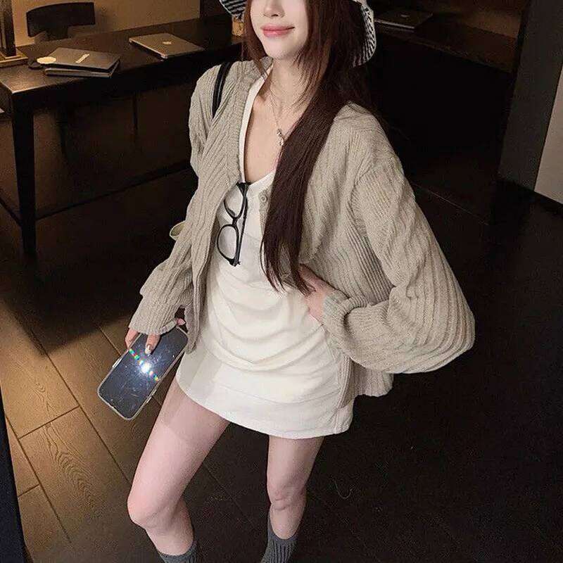 Basic Korean Solid Color Knitted Cardigan Autumn New Casual V-Neck Women's Clothing Long Sleeve Vintage Single-breasted Sweaters Z260313