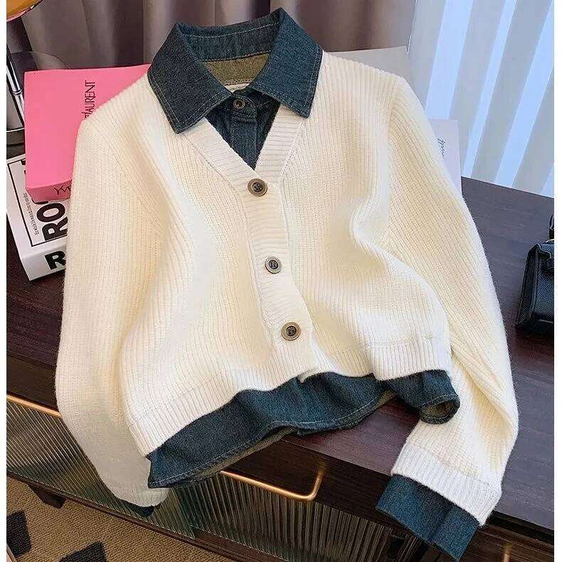 Fake two-piece Sweater Knitted Cardigan Women's Autumn Winter Design sense Polo collar Denim patchwork Long sleeved Loose Top Z260313