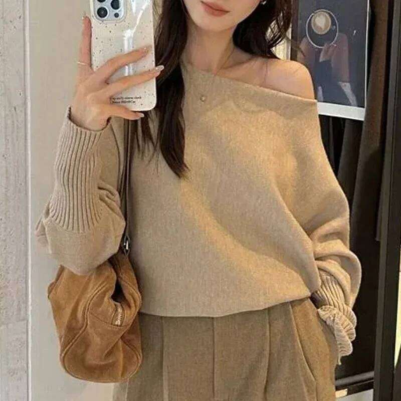 Fashion Black Long Sleeve Sweaters Knitted Pullovers Slash Neck Knit Sweater Pullover Women Tops Knitwears Q1476 Z260314