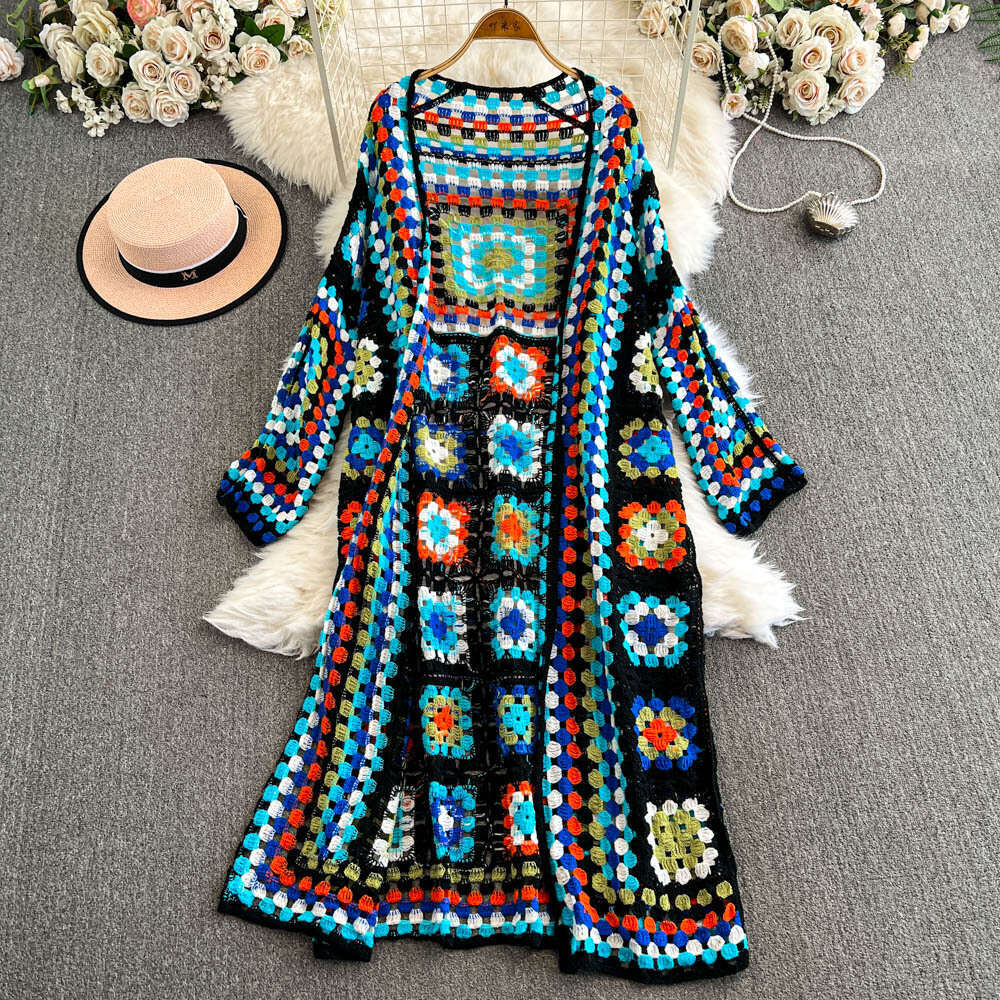 Designer ethnic style retro heavy-duty crochet hook design color blocked checkered A13 knitted women's cardigan jacket