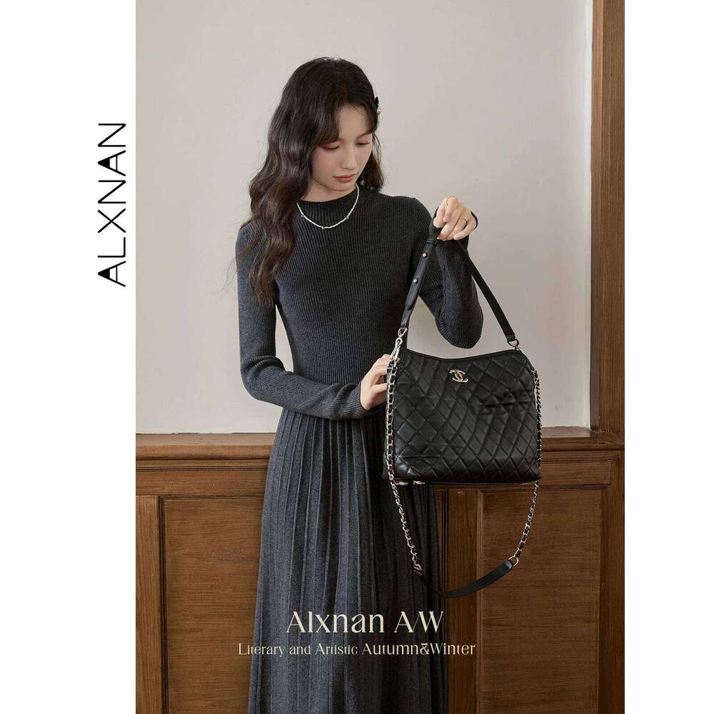 ALXNAN Women's Knitted Autumn Winter Warm A-line Dresses Elegant Office Style Casual Long Sleeve Midi Dress L52017 Z260313
