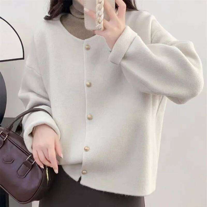 Solid Color Simple O-Neck Knitted Jackets Women Korean All-Match Long Sleeves Cardigans Autumn Winter Single-Breasted Sweater Z260314