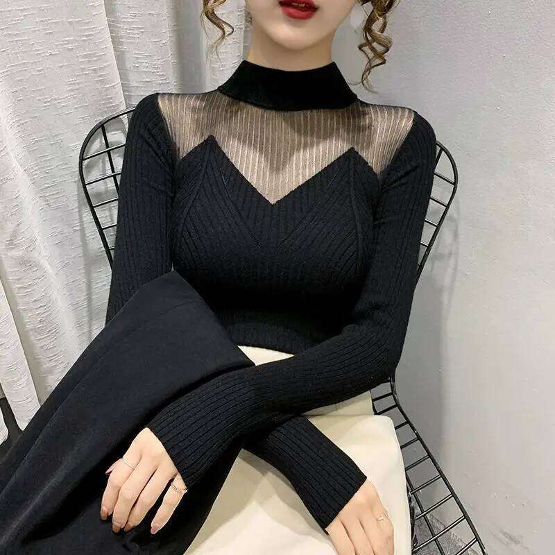 Women's Half Turtleneck Sweater Korean Style Carved Lace Mesh Hollow Inner Knitted Base Shirt Top Z260313
