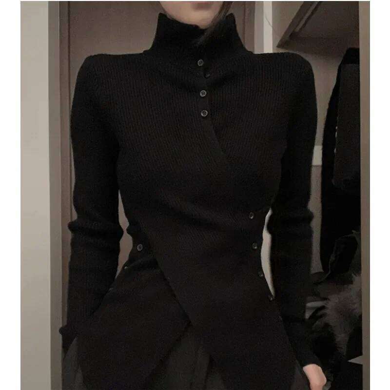 Deeptown Harajuku Black Turtleneck Women Sweaters Criss Cross Irregular Korean Fashion Button Knit Pullovers Slim Warm Aesthetic Z260313