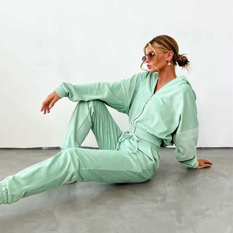 Womens Fall and Winter 2024 hot fashion set zipper hoodie Drawstring Tracksuit Trouser Solid color Two-piece set M260313