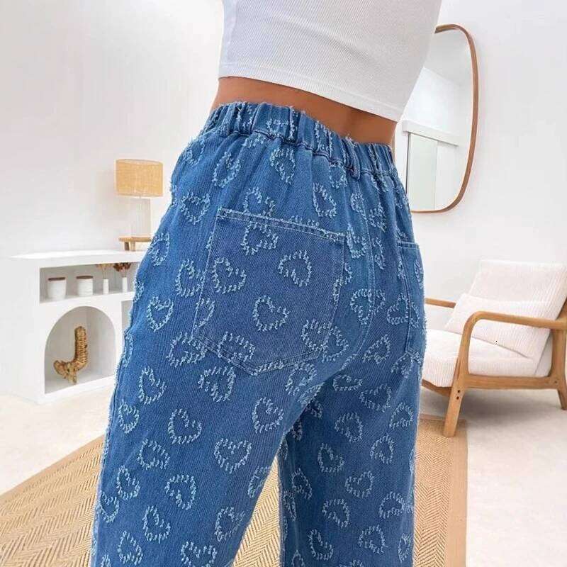 2025 Women Jeans Straight Pants Streetwear High Waist Heart Hook Flower Button Pockets Washed Distressed Vintage Trousers Denims Z260313