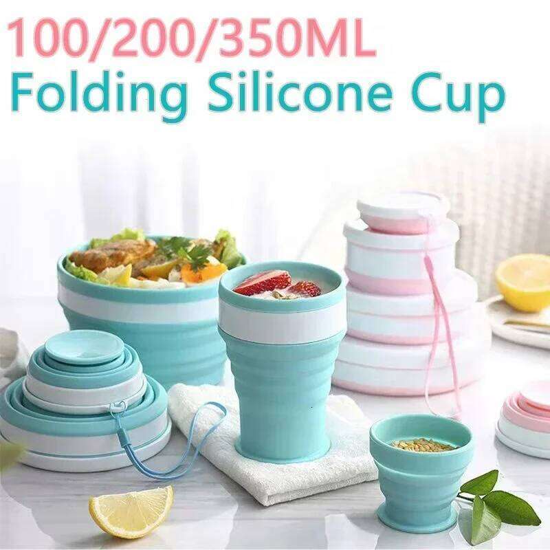 100/200/350ml Folding Outdoor Camping Equipment Portable Collapsible Silicone Cup Picnic Cookware Hiking Mug Lid Gadgets Z260313