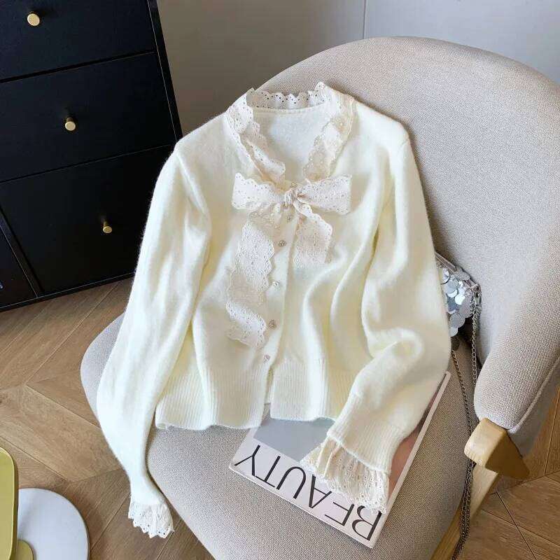 Lace Bow Knitting Cardigan Women Autumn Winter Elegant Slim Temperament Solid Color Sweater Coat Fashion All-match Knitwear Tops Z260313