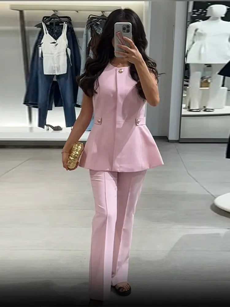 Womens Waist-Closed Vest Pant Suits Sleeveless O-Neck Solid Lady Sets 2025 Summer Fall Fashion 2 Pieces Set Women Outfits M260313