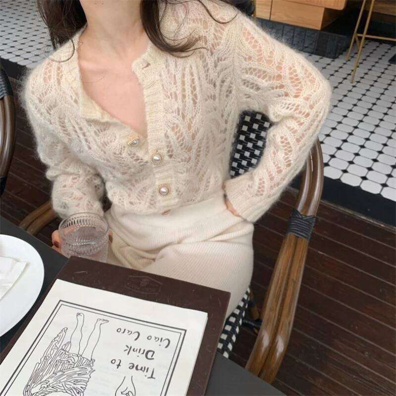 Korean Style V-neck Short Knitted Sweaters Women Thin Cardigan French mohair Fashion Sleeve Sun Protection Crop Top Ropa Mujer Z260314