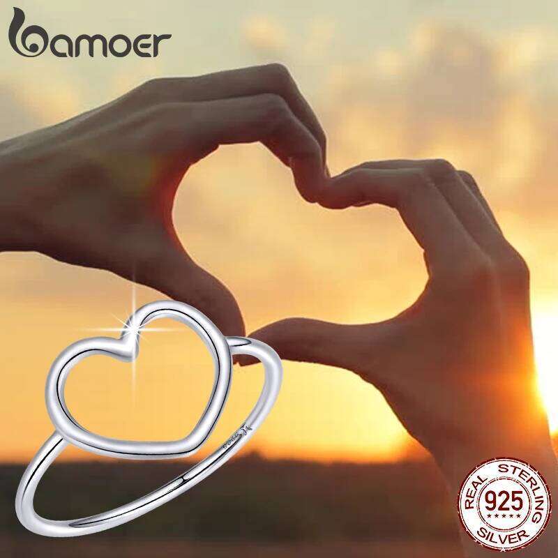 BAMOER 925 Sterling Silver Hollowed Heart Finger Rings Geometric Jewelry for Women Wedding Engagement Minimalist Statement Gift H260312