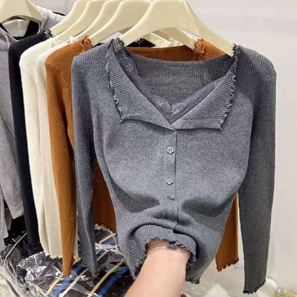 Fashion Slim Long Sleeve Single Breasted Cardigan Women's Knitted Sweater Autumn Winter Casual Lace Splice V-neck Women Sweaters Z260313