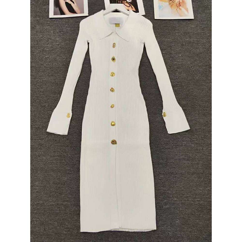 Retro solid color lapel single-breasted long-sleeved slim knit elastic autumn and winter new temperament hip dress Z260314