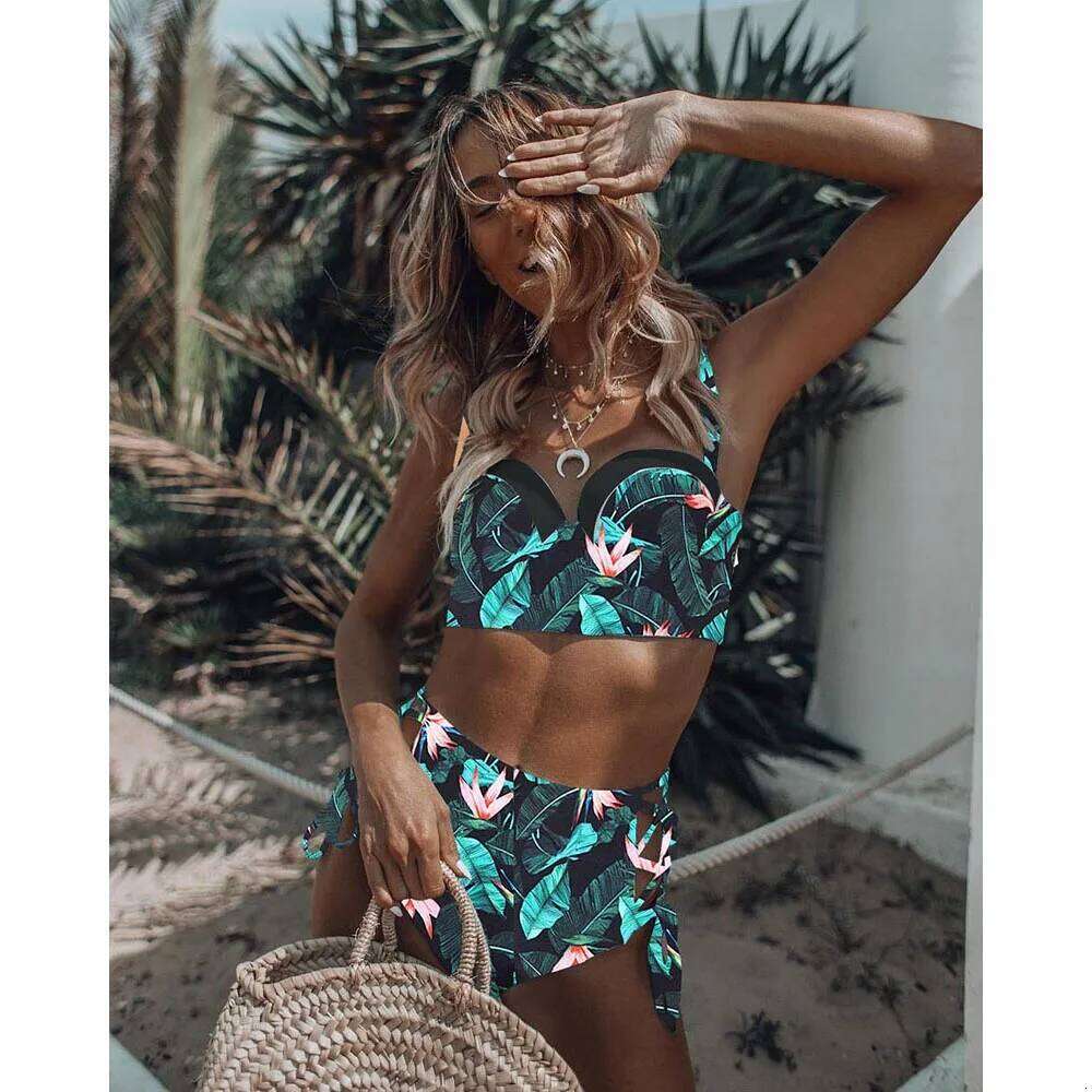 High Waist Swimwear 2025 New Leaf Print Bikinis Women Swimsuit Vintage Retro Bathing Suit Halter Biquini Maillot de bain femme Y260303