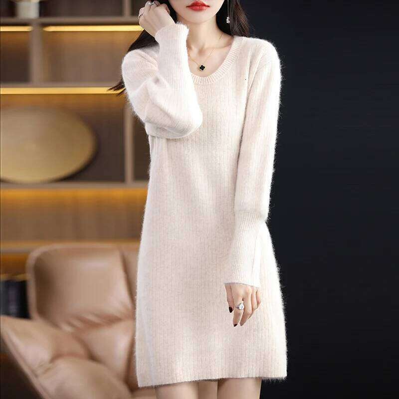 Autumn Winter 100% Mink Knit Long Skirt Women Scoop Neck Knee-length Dress Casual Warm Jumper Cashmere Base Shirt Top Z260313