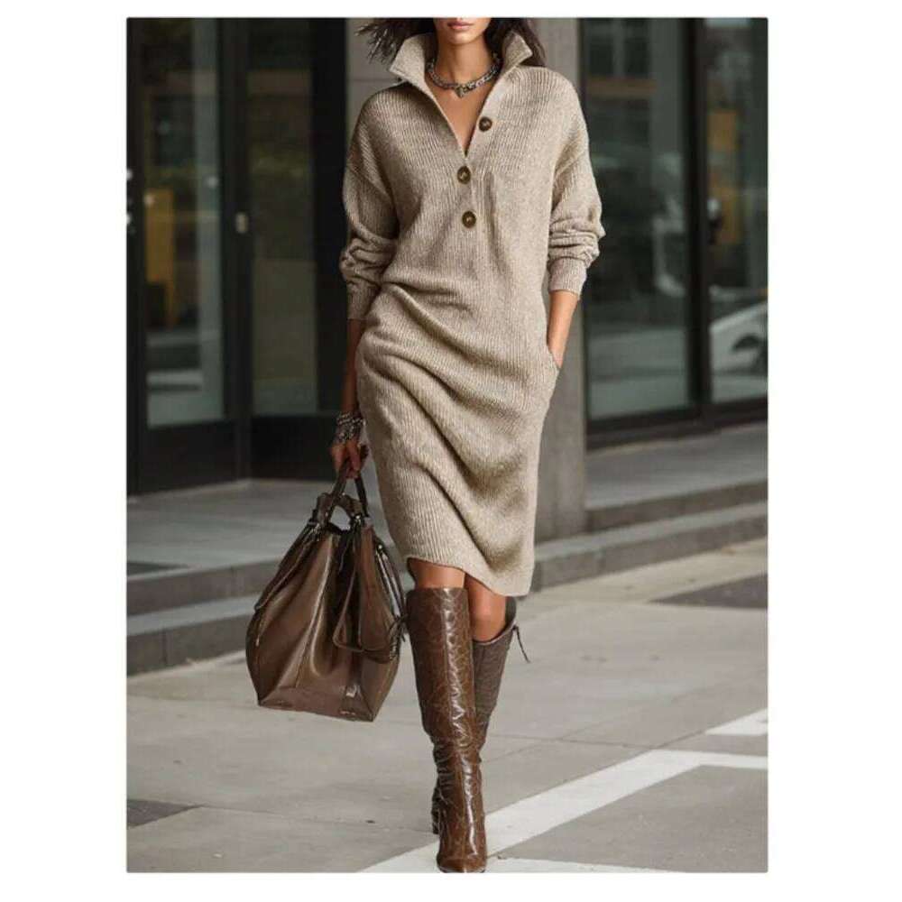 Autumn Fashion Knitted Button Lapel Women Dress Casual Loose Pocket Lazy Straight Over The Knee Long Sleeve Sweater FemaleDress Z260313