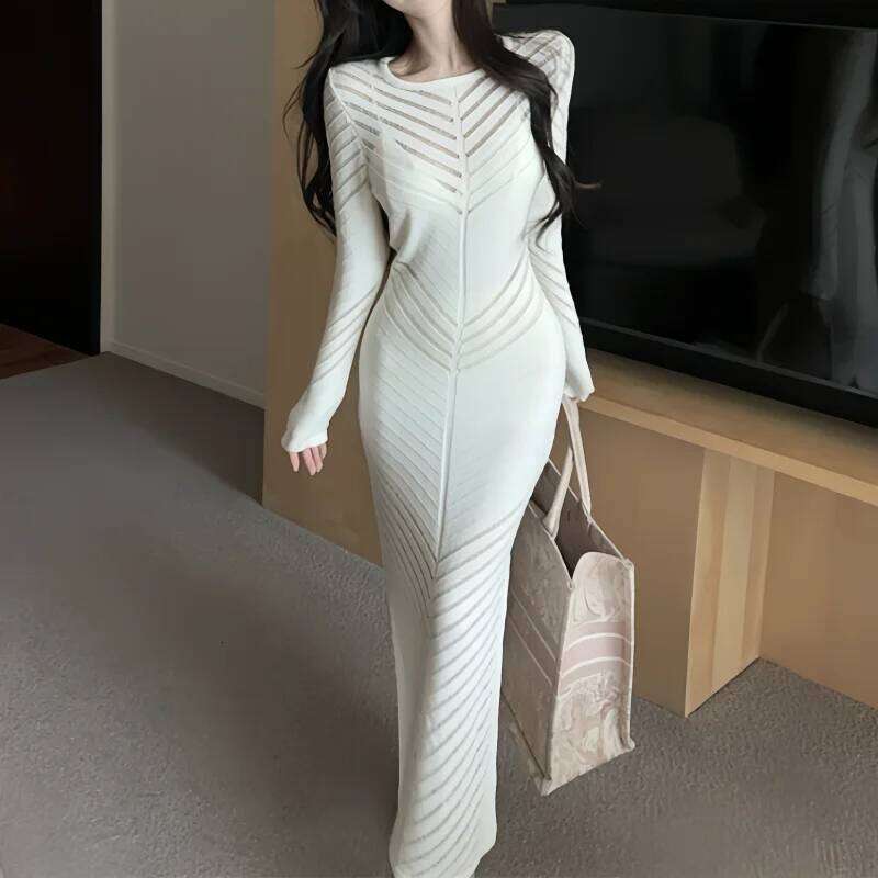 REALEFT Vintage High Waist Hollow Out Knitted Women's Dresses Long Sleeve O-neck Straight Side Split Wrap Dress Female 2025 Z260313