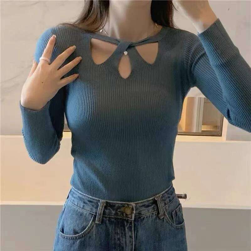 2025 New Autumn Winter Women's Stretch Sexy Pullover Hollow Solid Color Slim Bottoming Shirt Sweater Ladies Z260314