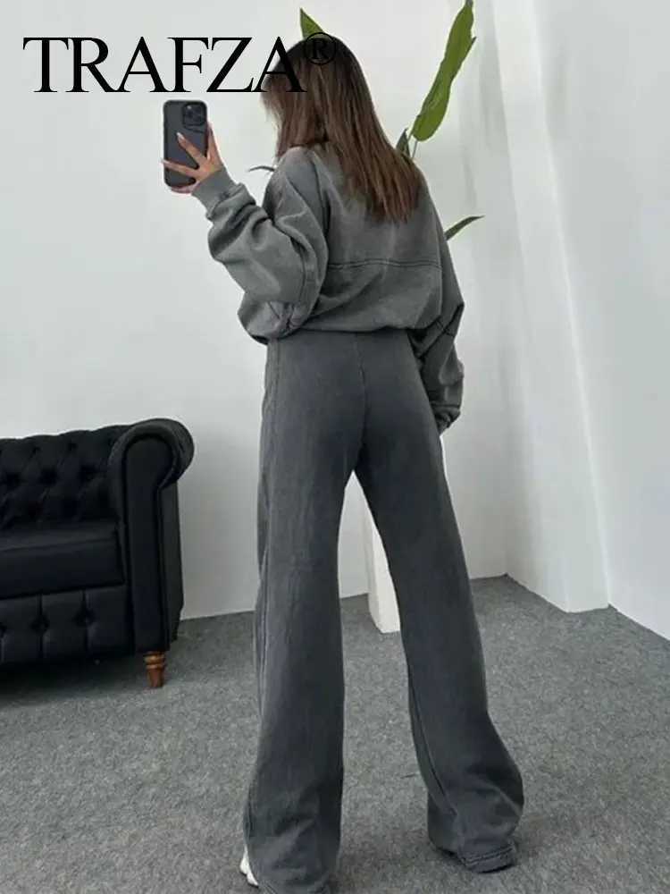 HH Bomber Jacket Pant Set For Women Casual Long Sleeve Zipper Coat Vintage Solid Sweatshirt Suit Autumn Woman Streetwear M260313