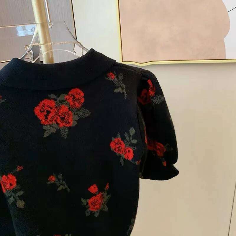 Black Rose Jacquard Sweater For Women Knit T-shirt Pullovers Elegant Vintage Ladies Tops Tees 2024 Summer Short Sleeve Knitwear Z260313