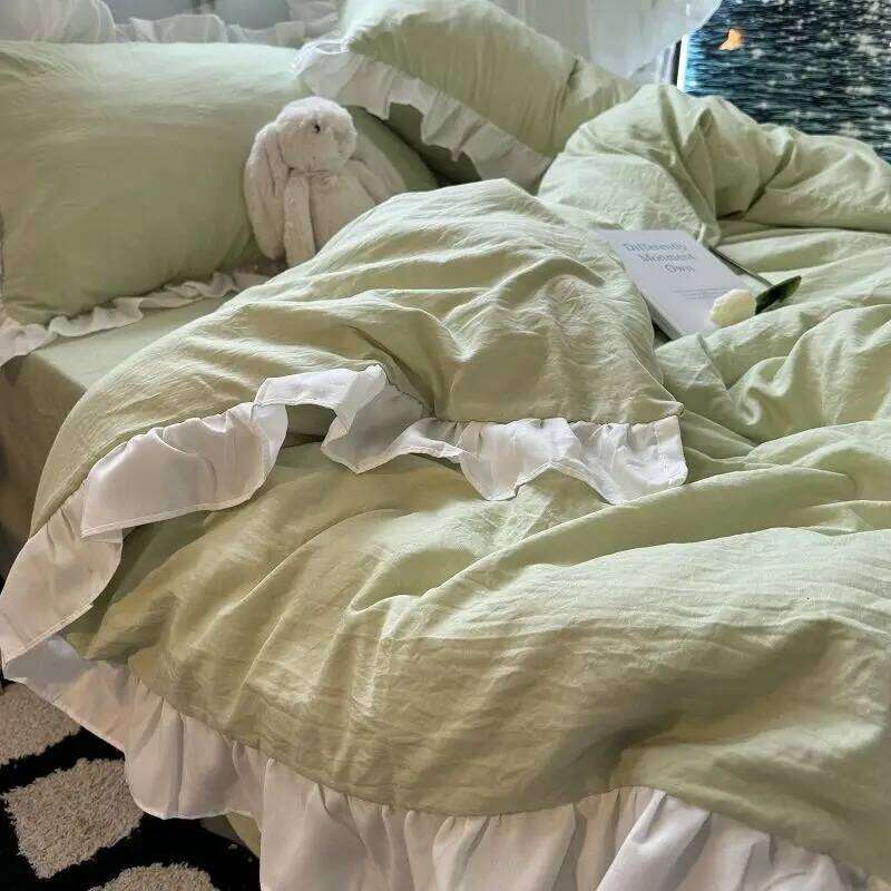 Ins Pink Princess Bedding Set with Ruffles Solid Color Soft Girls Boys Duvet Cover No Filler Pillowcase 3 or 4 pcs Bed Sheet H260312 - view 5