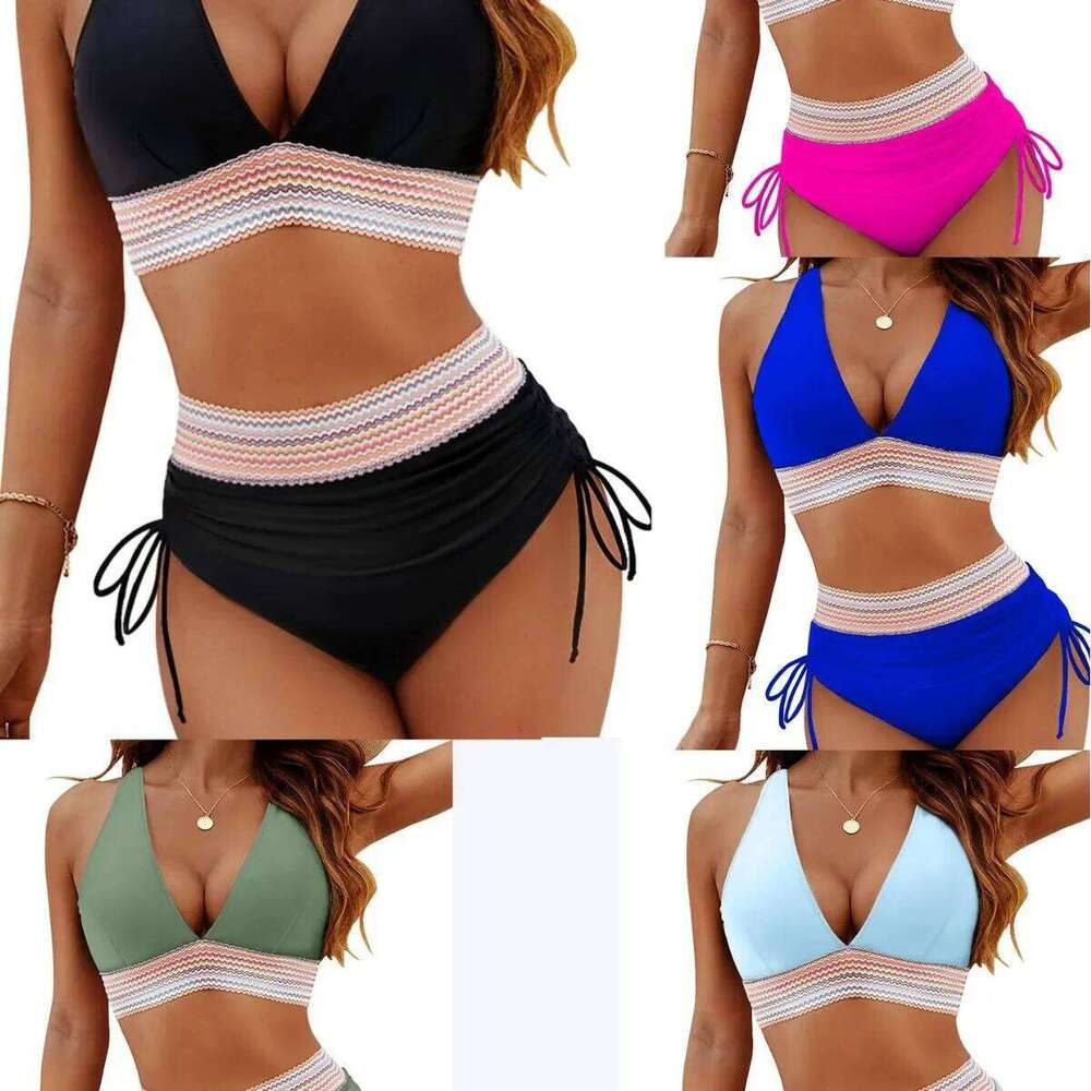 High Waist 2025 New Deep V Backless Sexy Bikini Split Swimsuit Beach Vacation Style Y260303