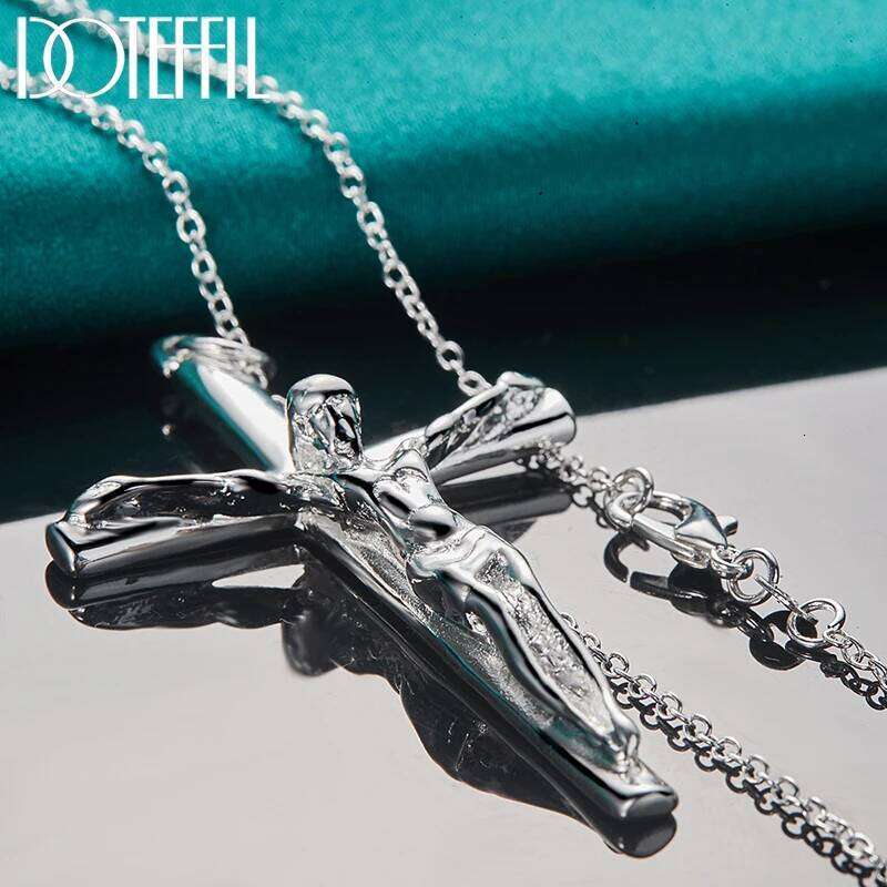 DOTEFFIL Silver Color Jesus Cross Pendant Necklace 16/18/20/22/24/26/30 Inch Chain For Woman Man Charm Wedding Jewelry H260312