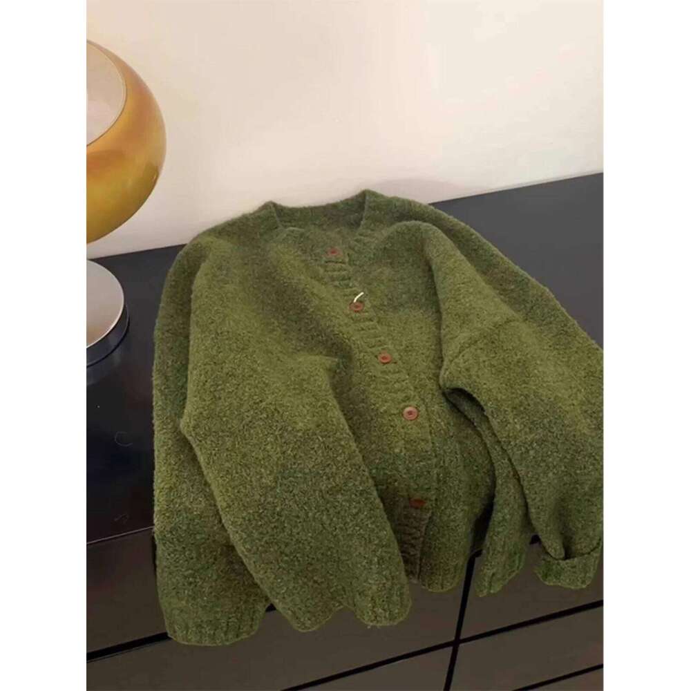 Women Retro Green Knitted Cardigan Coat Spring Autumn Thick High End Soft Style Sweater Loose Korean O-Neck Single Breasted Top Z260314