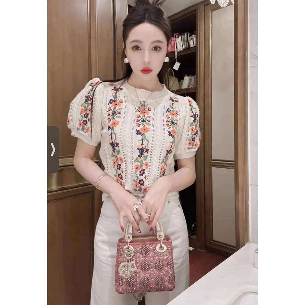 Vintage Elegant Embroidered Knitted Sweater Tshirt Women Summer Puff Sleeve O-neck Tops Pullovers Stylish Fashion Chic Knitwear Z260313