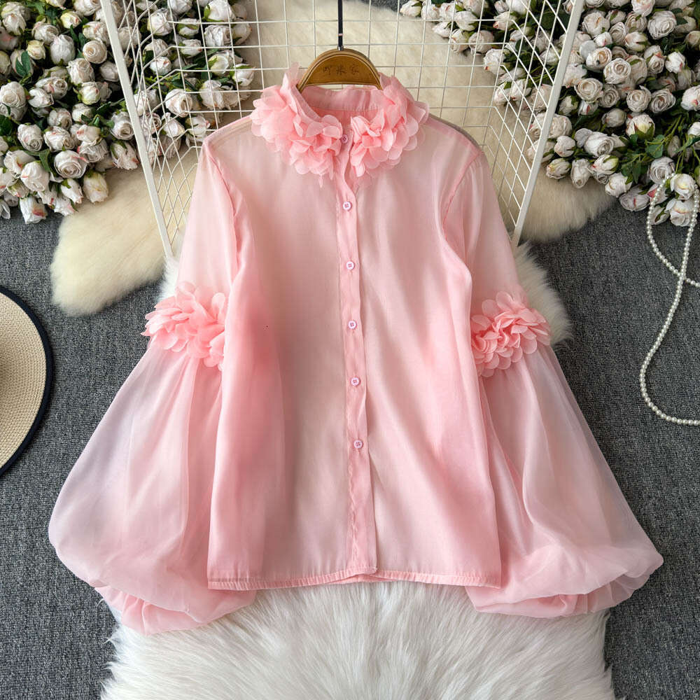 2026 designer French women's unique three-dimensional flower lantern sleeves, youthful and versatile solid color chiffon long sleeved shirt