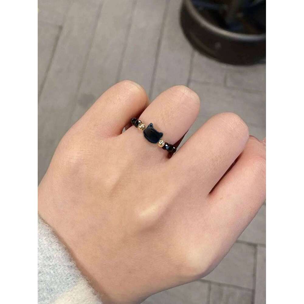 Fashion Natural Moonstone Obsidian Rings Minimalist Handmade Cute Black White Cat Bead Ring Women Party Accessories Jewelry Gift H260312