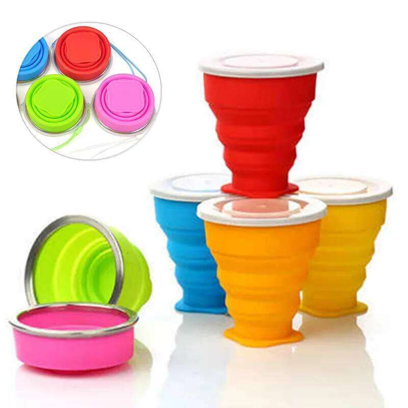 OutdoorSilicone Folding Cup Collapsible Foldable Camping Bottle Travel Water Cups Portable Teacup Drinking Mug Lid 200ML Z260313