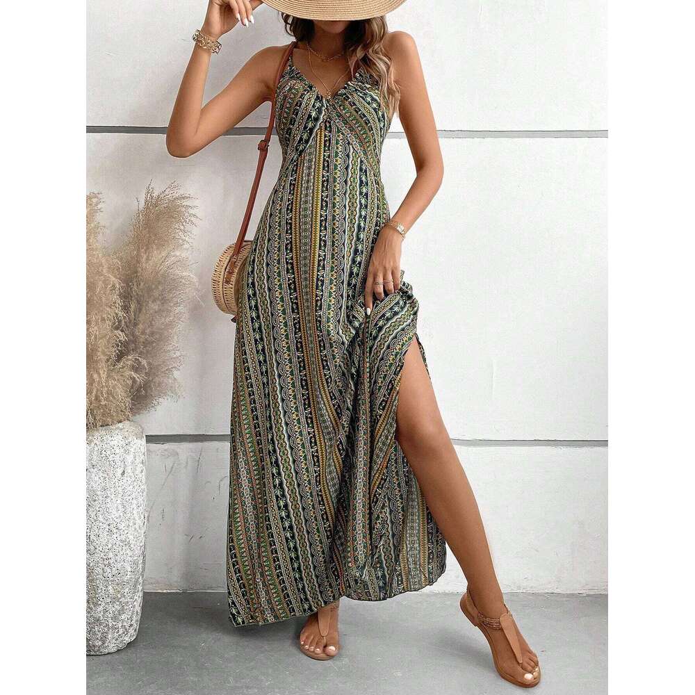 Women's Ethnic Pattern Backless Split Thigh Ladies Summer Clothes Boho Fashion Frill Trim Long Dress for Beach
