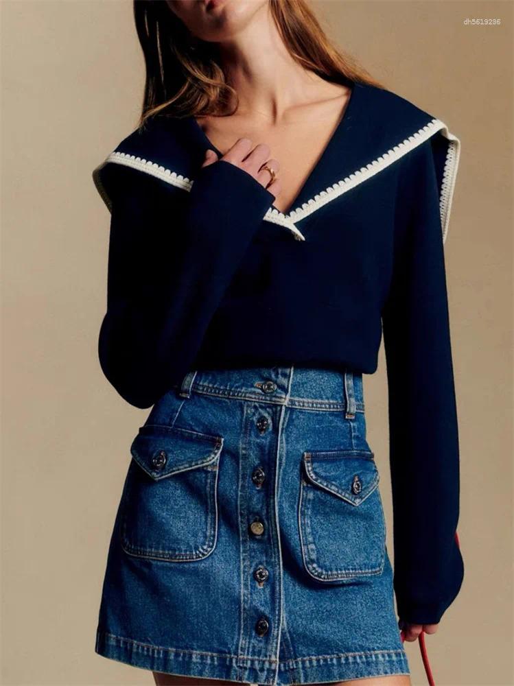 Women's Sweaters Fashion Autumn Winter Knitted Sweater Dark Blue Long Sleeve Slim Fit Elegant Lady Crochet Trim Sailor Collar Pullover