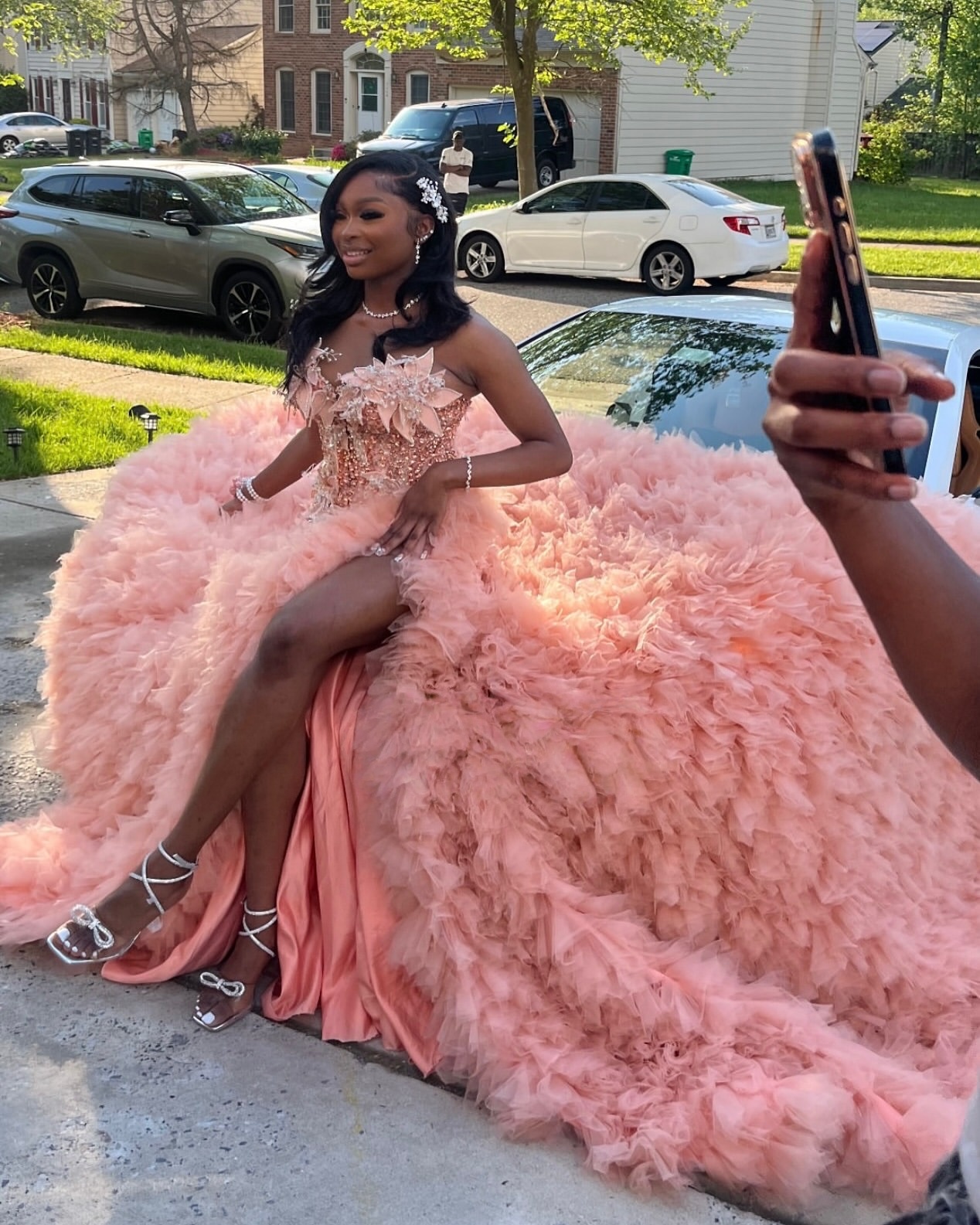 Aso Ebi Blush Pink Prom Dress 2026 Mermaid Prom Dress Florals Crystals Tiers High Split Evening Dress Sequined Birthday Formal Women Pageant Party Gow