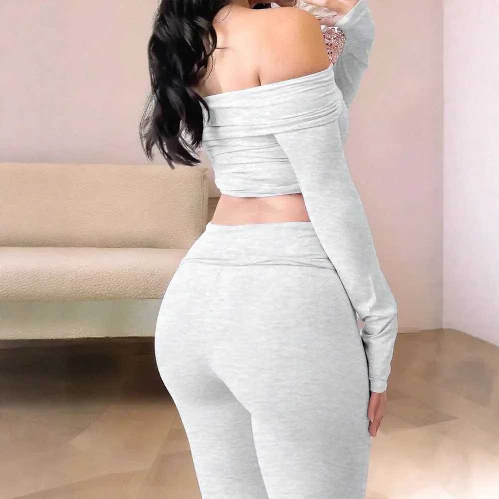 Casual Workout 2 Piece Sets Woman Crop Long Sleeves Tops Foldover Flare Pants Tracksuit Suit Summer and Fall 2025 New Outfits M260313