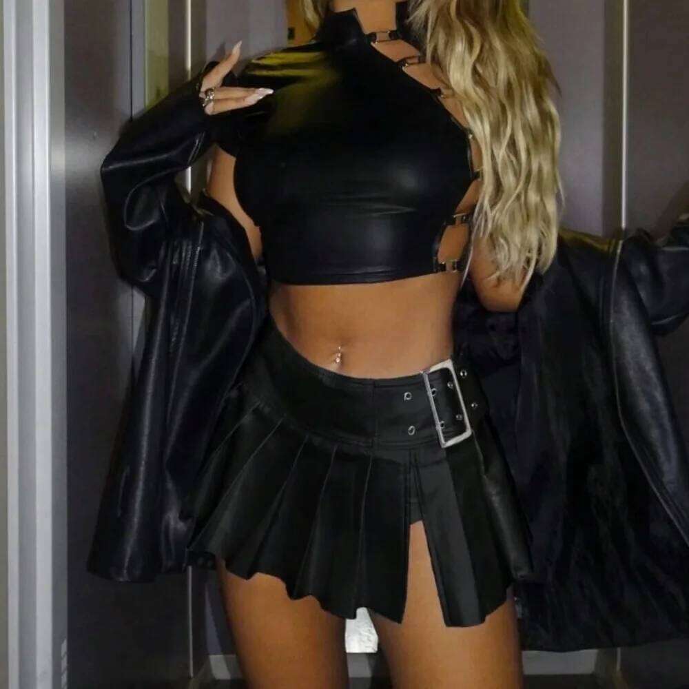 Sexy Hot Girls Silver Leather Pleated Club Party Street Style Buckle Belt Mini Short Skirt 2025 Summer Latest Z260314