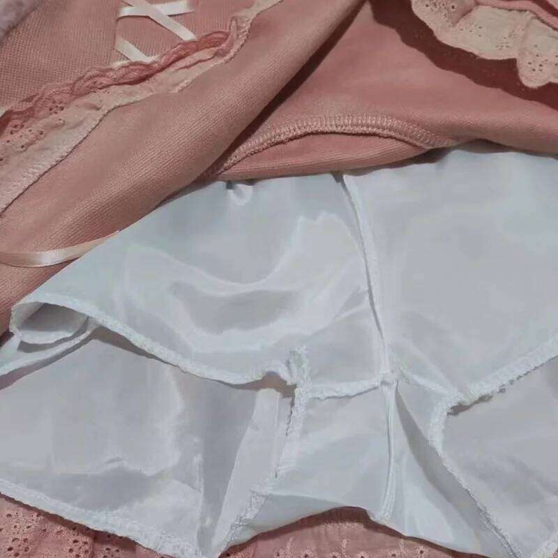 Japanese lolita kawaii clothes pink mini with shorts Lace High Waist korean style women 2025 new fall White skirt fluffy Z260314