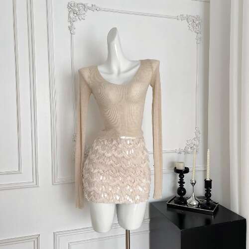 Pure desire, sexy and a20 fashionable women's long sleeved V-neck knitted top+heavy sequin slim fit skirt