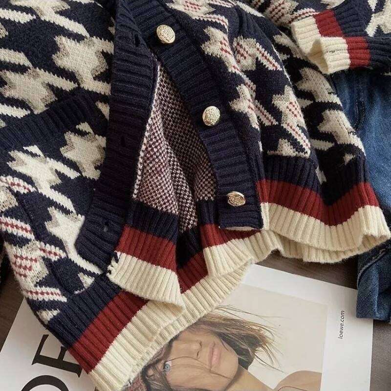 Women Retro Houndstooth Luxury Chic Single Breasted Knitted Cardigan Autumn Winter Casual O Neck Long Sleeve Loose Sweater Coat Z260314