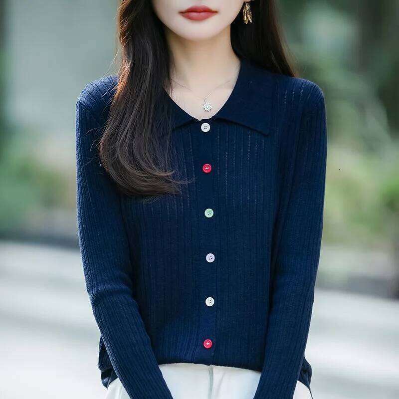 New Autumn Winter Polo Collar Casual Striped Sweater Versatile Long-sleeved Buttoned Cardigan Embroidered Jacket Z260313