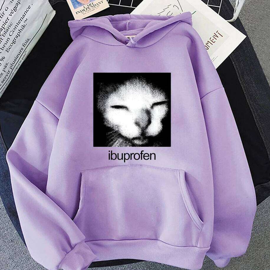 Ibuprofen Meme Causal Funny Cat Graphic Fashion Long Sleeves Men Womens Clothes Couple's Streetwear Hoodies Z260314