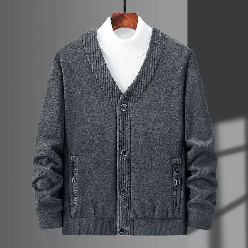 Autumn Winter New Men Lamb Wool Warm Plus Velvet Coat V-Neck Solid Button Pocket Zipper Fashion Casual Long Sleeve Cardigan Tops Z260313