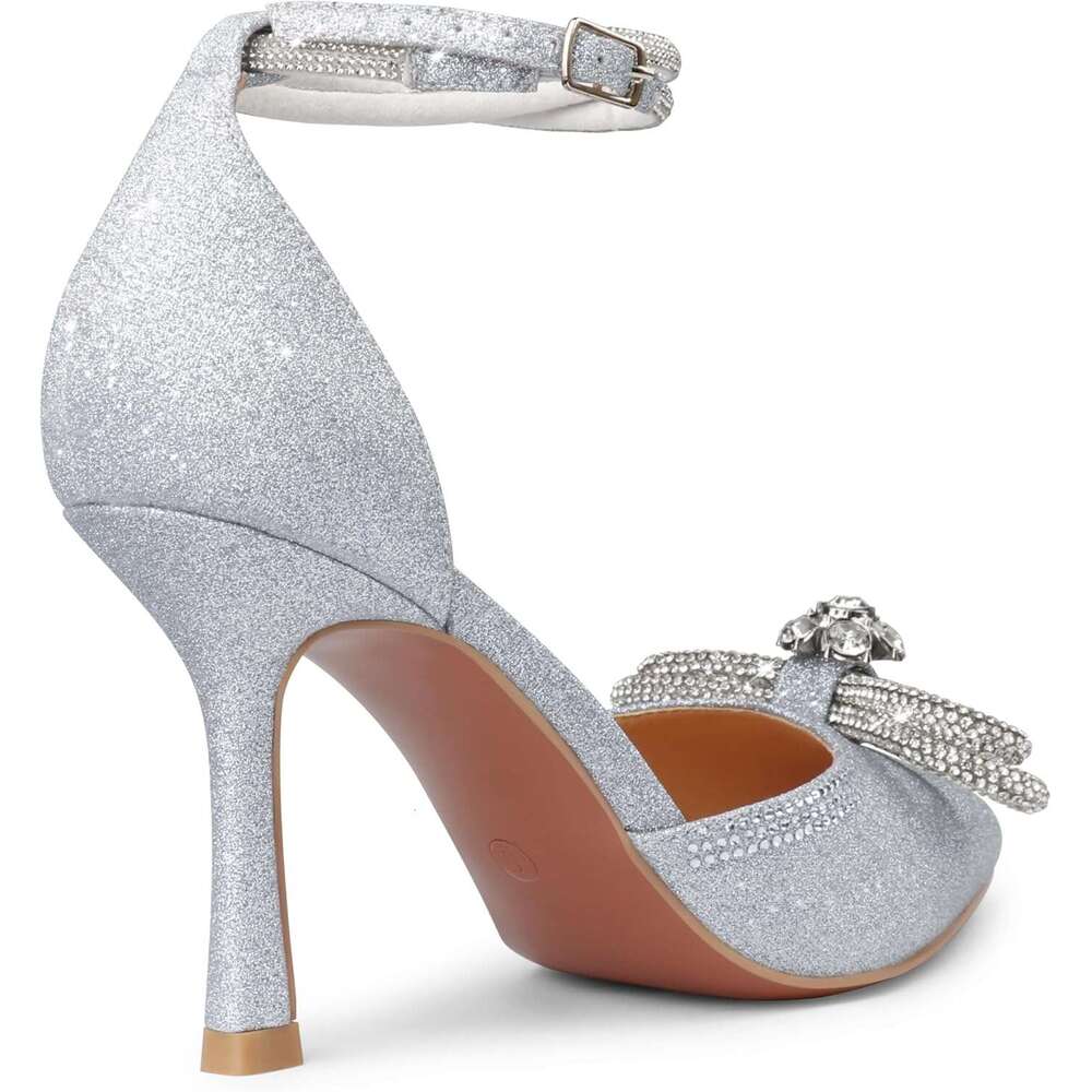 Women S Wedding Sparkly Rhinestone Stiletto Pumps Bow Pointed Toe Ankle Strap High Heels Bridal Party Dress Shoes MOJIDASHU