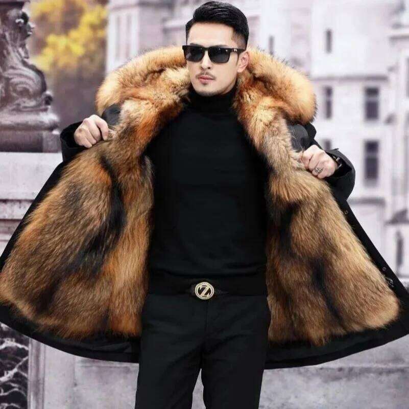 Men's Parka Coat Faux Fur Collar Detachable Medium-Length Winter Jaet Long Sve Hooded Casual Outerwear Z260313