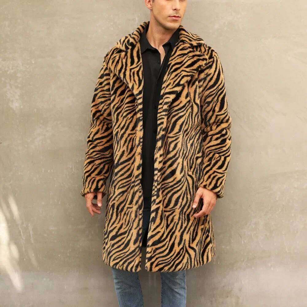 Faux Coat Winter Fluffy Zebra-stripe Sleeve Warm Shaggy Outerwear Luxury Fur Long Jacket Bontjas Jackets Men Z260313