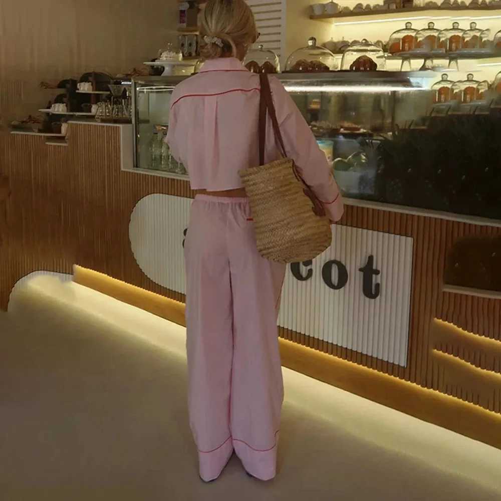 PRINTKAOIR Chic Patchwork Long Pant Sets For Women Lapel Long Sleeve Blouse Wide Leg Trousers 2 Pieces Sets Lady Streetwear M260313