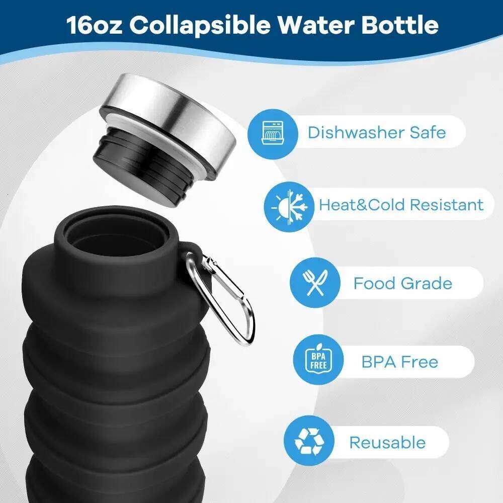 17oz Collapsible Silicone BPA Free Foldable Lightweight With Carabiner Sport Water Bottle Camping Z260313