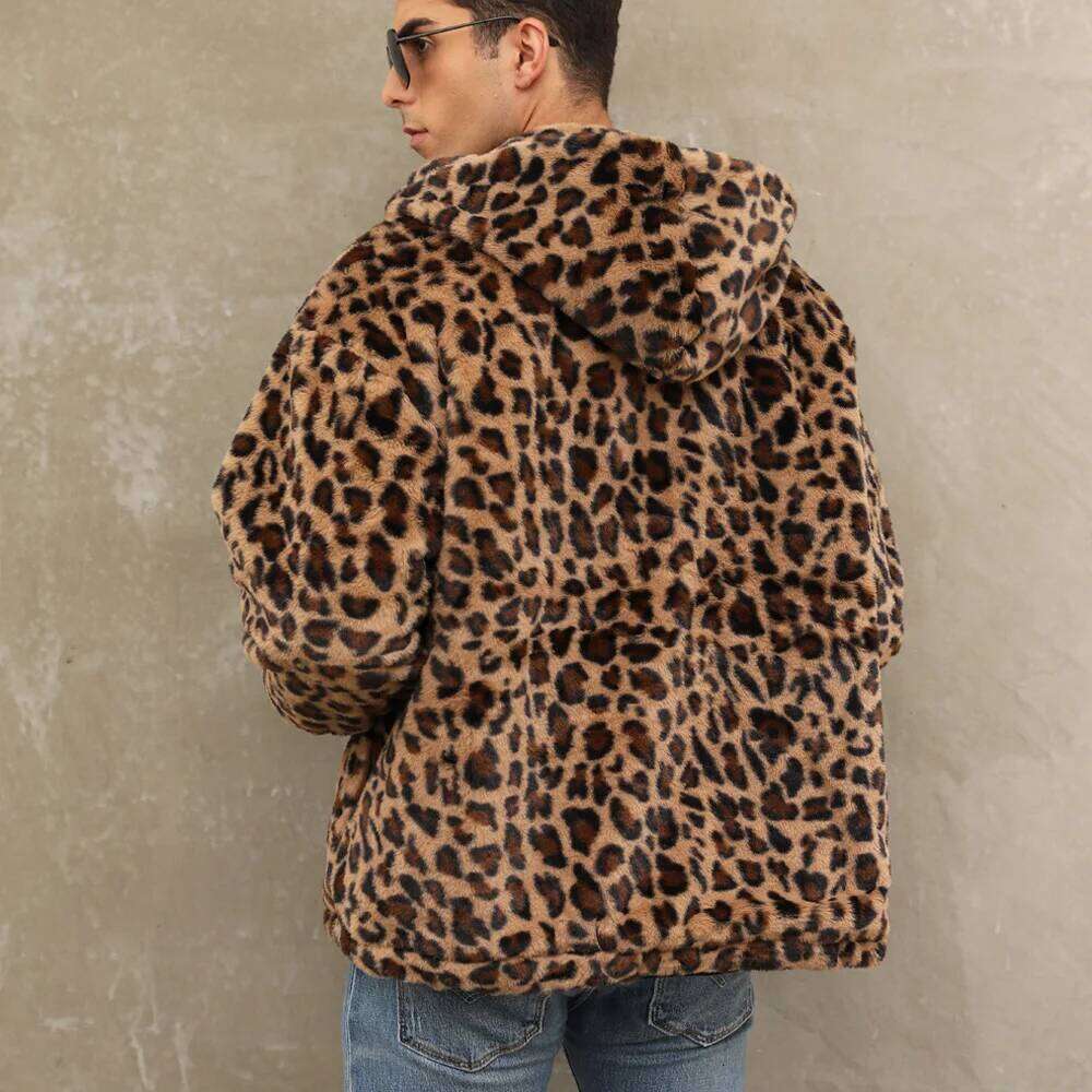Autumn Winter New Fashion Men's Leopard Casual Trendy Daily Loose Simple Basic Zipper Hooded Faux Fur Coats Male Clothes Tops Z260313