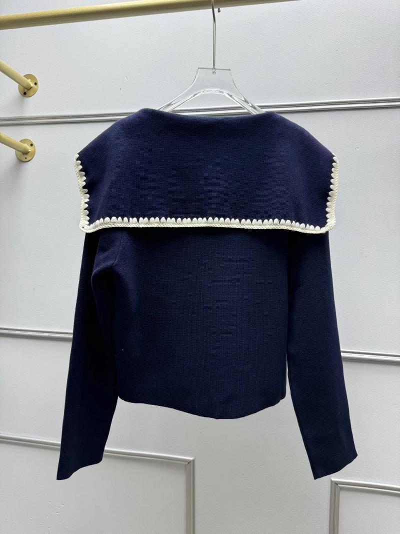 Women's Sweaters Fashion Autumn Winter Knitted Sweater Dark Blue Long Sleeve Slim Fit Elegant Lady Crochet Trim Sailor Collar Pullover